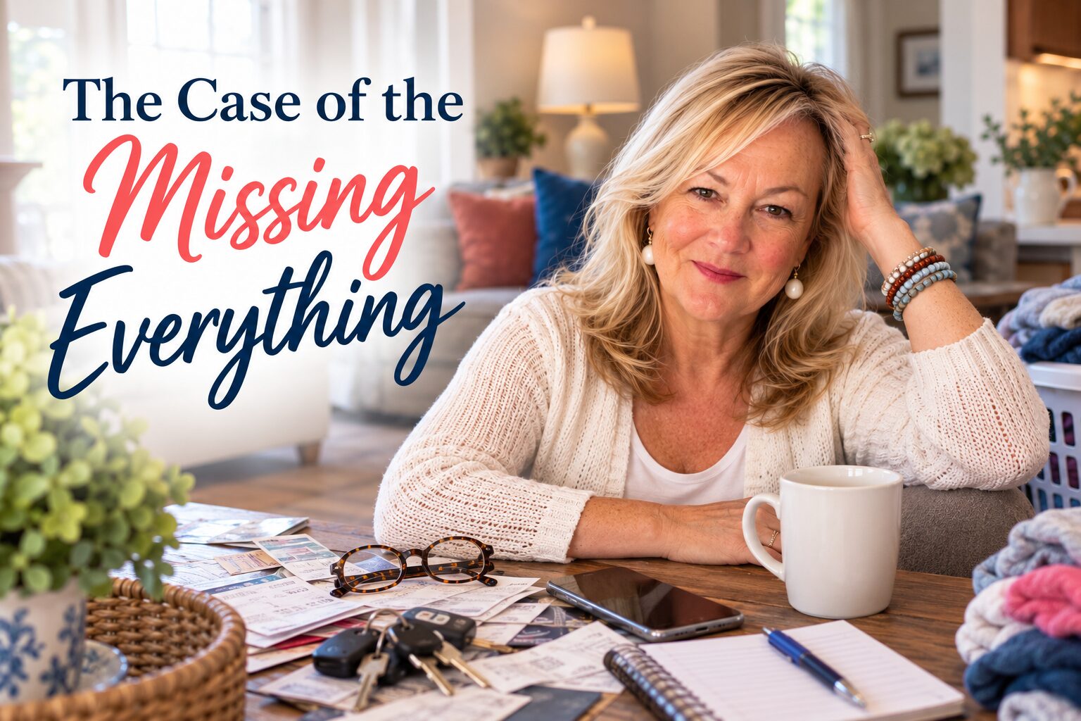 Cheryl sitting at a cluttered table for her humorous story The Case of the Missing Everything