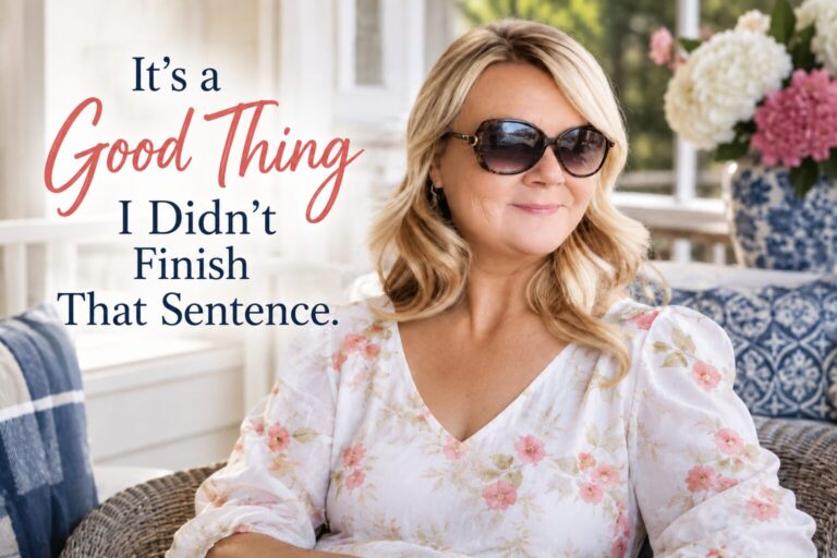 Cheryl relaxing on a porch in sunglasses for her humorous story about knowing when not to finish a sentence