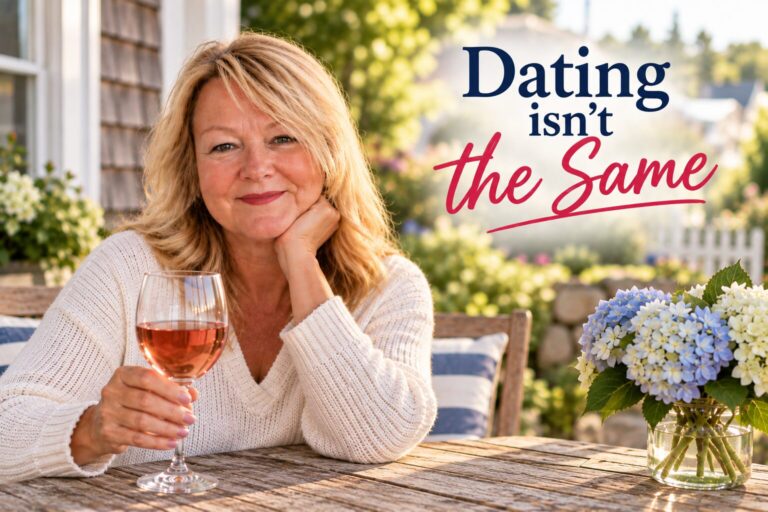 Cheryl holding a glass of rosé in a garden setting for her story about dating after divorce