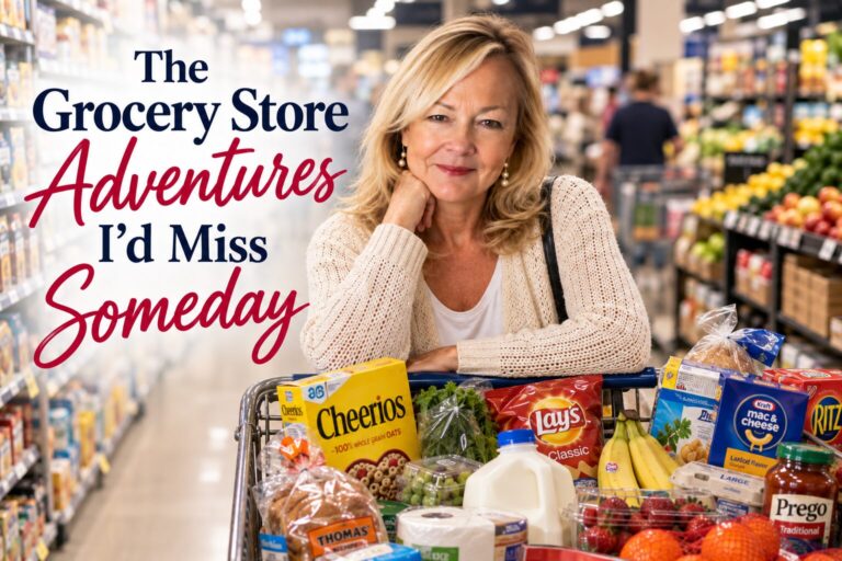 Cheryl leaning on a grocery cart filled with family groceries for her story about grocery shopping with kids