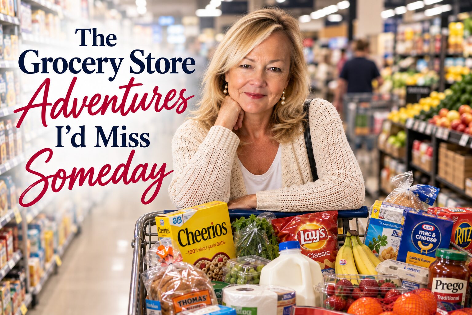 Cheryl leaning on a grocery cart filled with family groceries for her story about grocery shopping with kids
