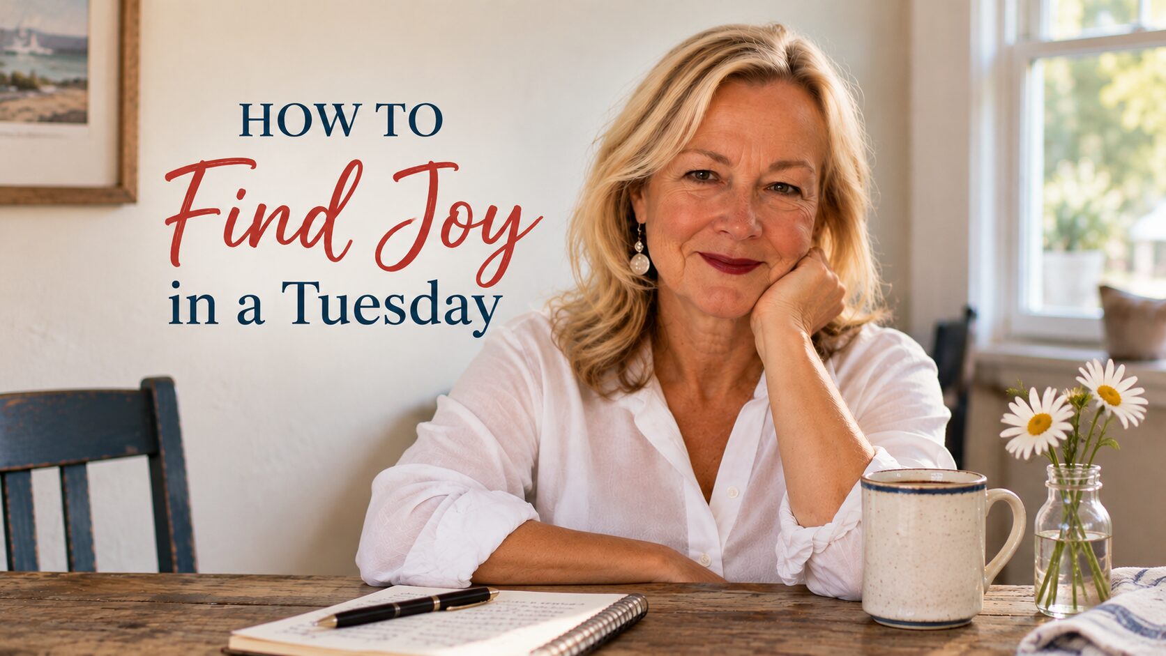Cheryl sitting at a kitchen table for her story about finding joy in everyday life