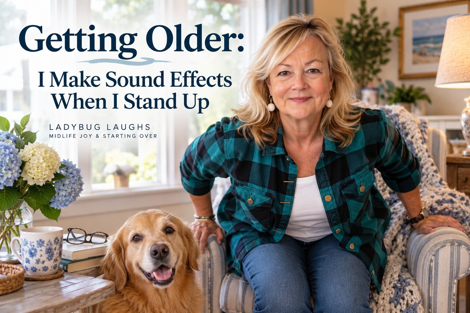 Cheryl getting up from a chair in funny story about getting older