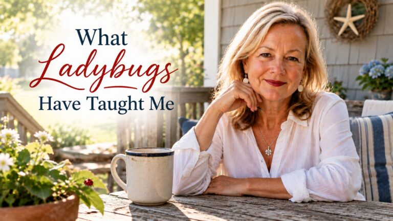 Cheryl sitting on a porch for her story about what ladybugs have taught her about finding joy in everyday life