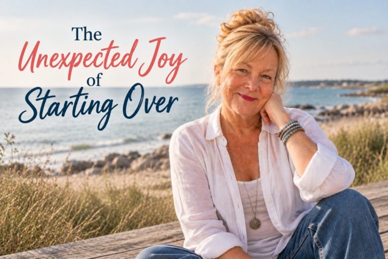 Cheryl sitting near the Rhode Island Coast for her story about the unexpected joy of starting over