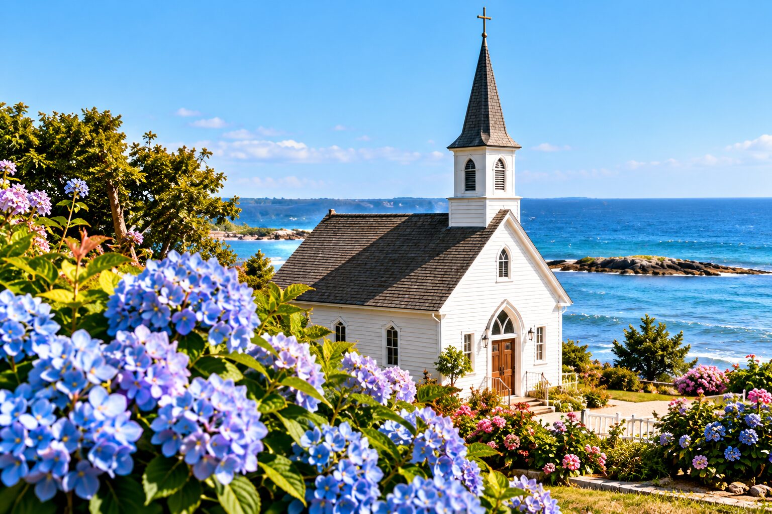 Church surrounded by hydrangeas