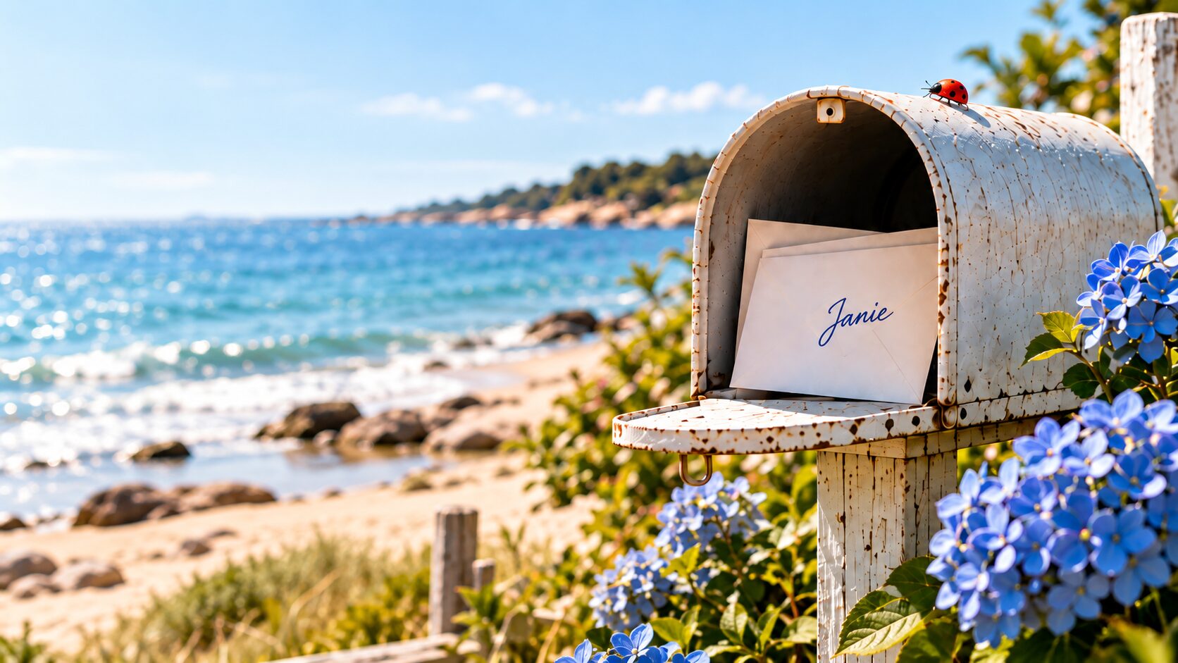Weathered mailbox overlooking the ocean with blue hydrangeas