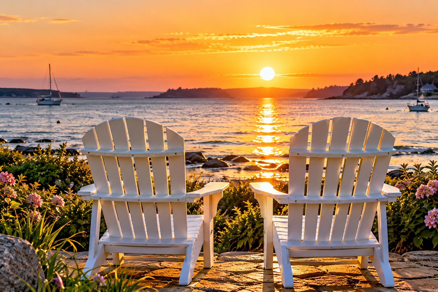 Two Adirondack chairs at sunset